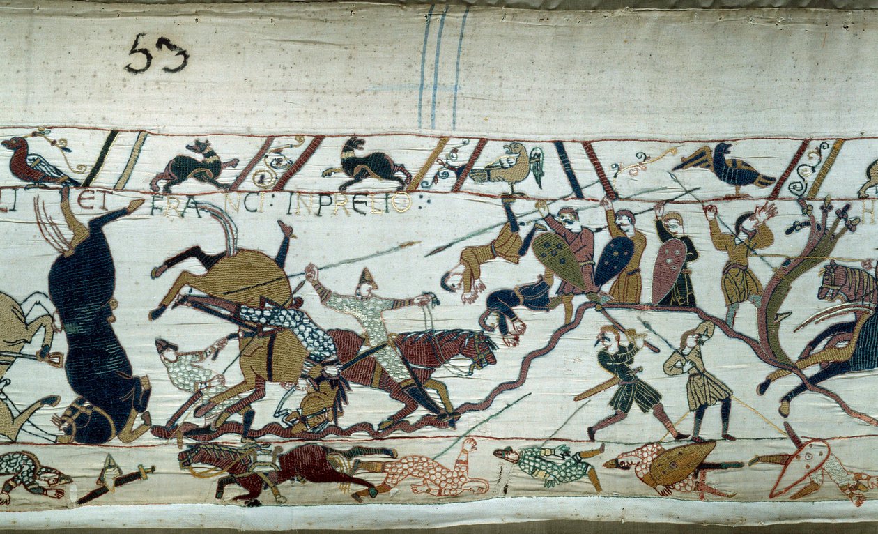 Conquista de Inglaterra por el Duque de Normandía Guillermo el Conquistador en 1066: La batalla de Hastings (detalle del Tapiz de Bayeux) de Unknown artist