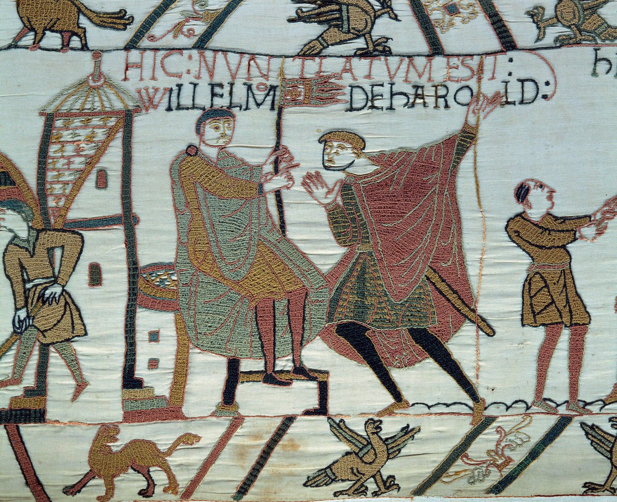 Conquista de Inglaterra por el Duque de Normandía Guillermo el Conquistador (1027-1087) en 1066: un vigía informa a Guillermo sobre los hechos de Harold II en la Batalla de Hastings (detalle del Tapiz de Bayeux o Bordado de la Reina Matilde) de Unknown artist