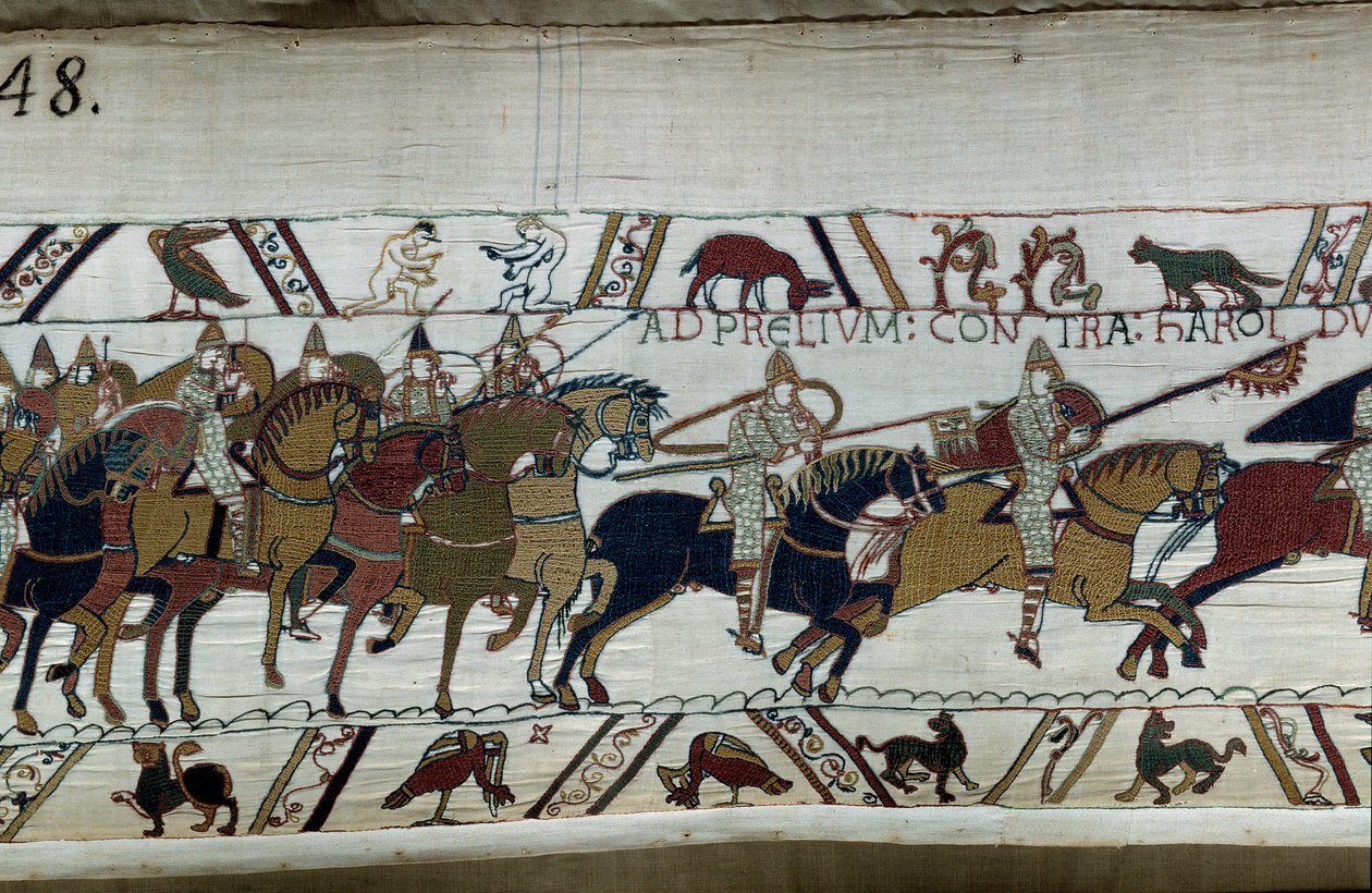 Conquista de Inglaterra por el duque normando Guillermo el Conquistador (1027-1087) en 1066: su ejército avanza hacia el de Harold II en Hastings (detalle del tapiz de Bayeux o bordado de la reina Matilde) de Unknown artist