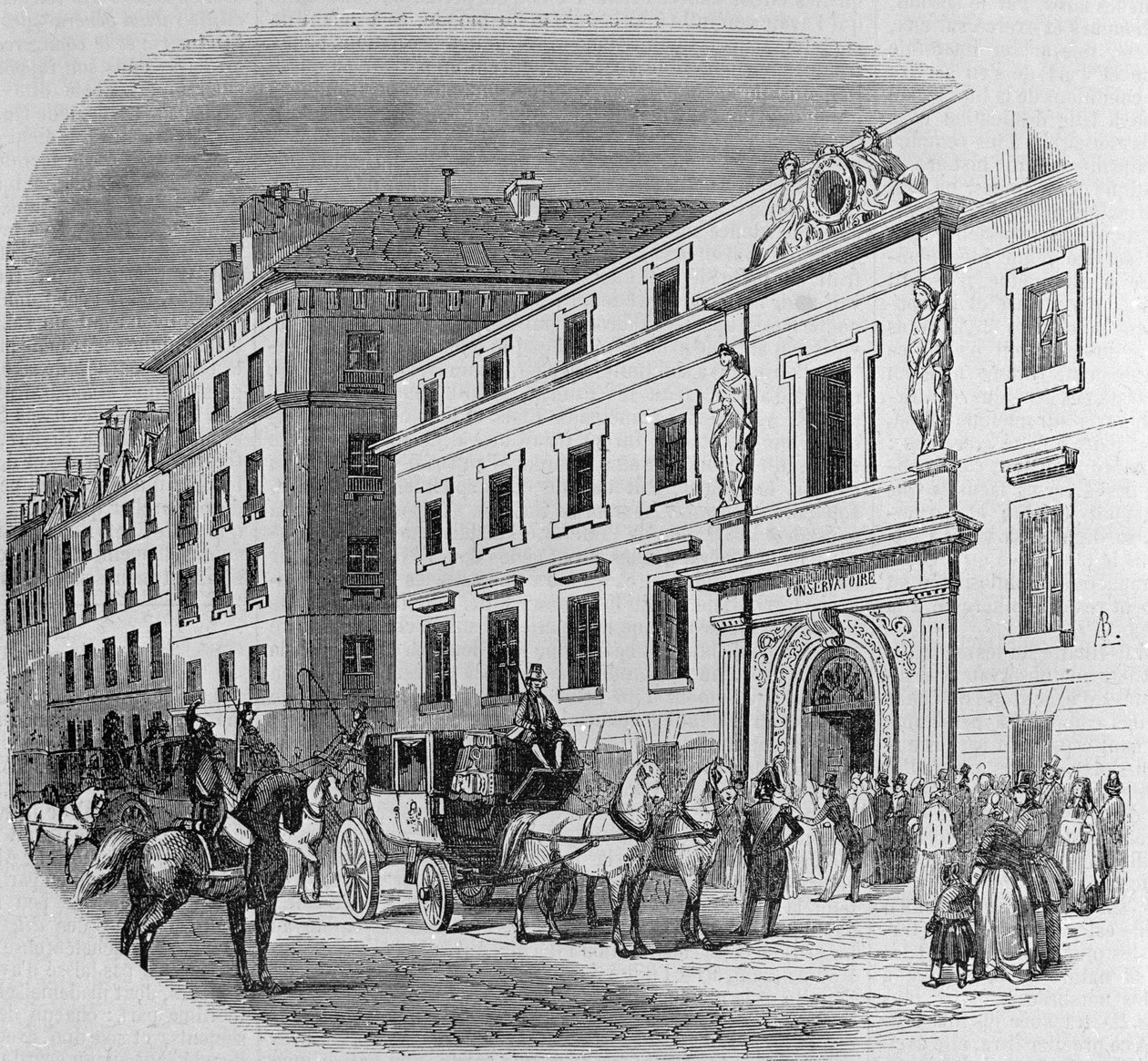Conservatorio de música de la rue du Faubourg Poissonniere en París: entrada al concierto. Grabado de 1860 de Unknown artist