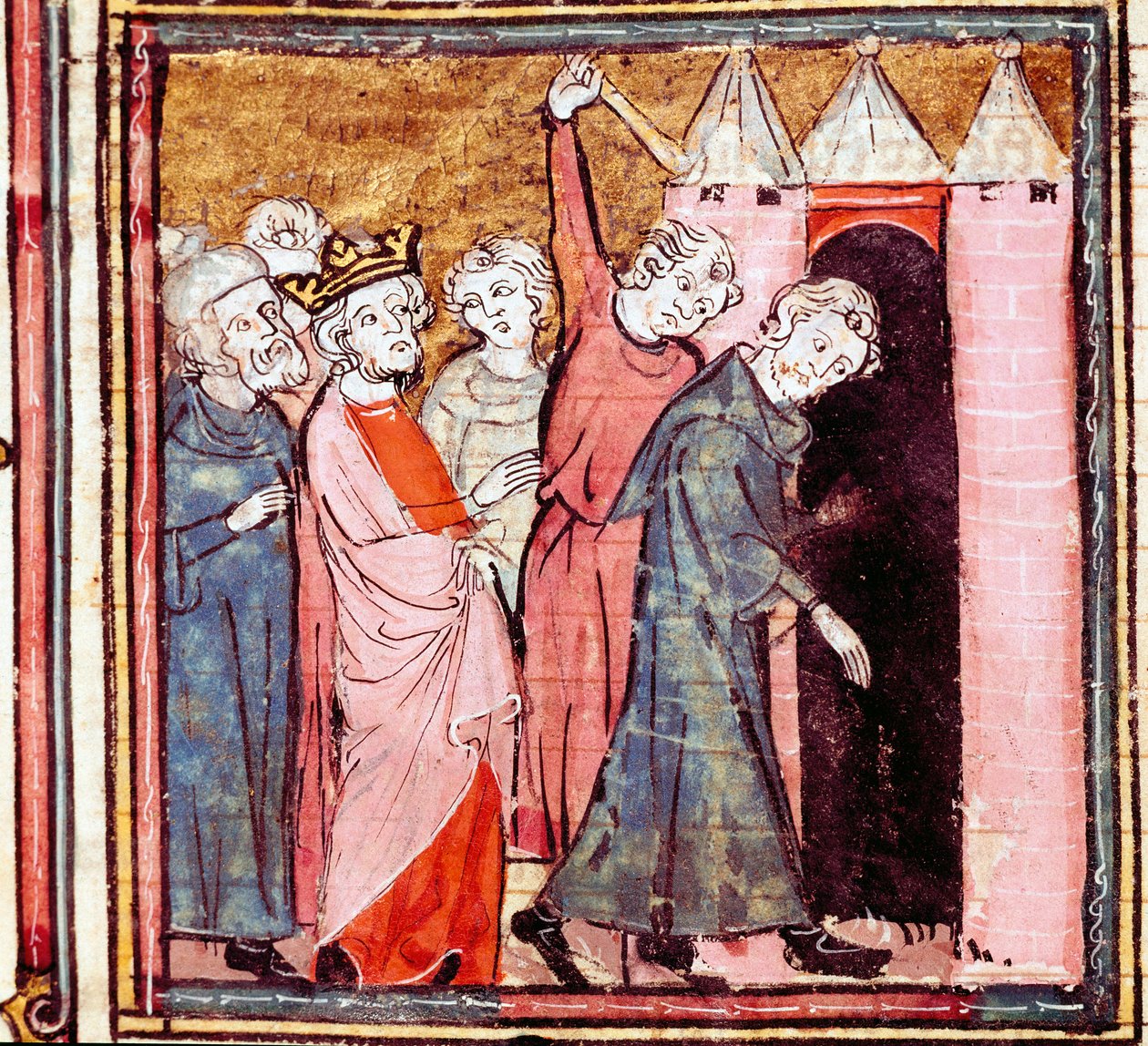 Conspiración contra Luis el Piadoso (778-840) emperador de Occidente, su hijo Lotario le impuso una penitencia pública en el monasterio de Saint Medard de Soissons en 833. Miniatura de 