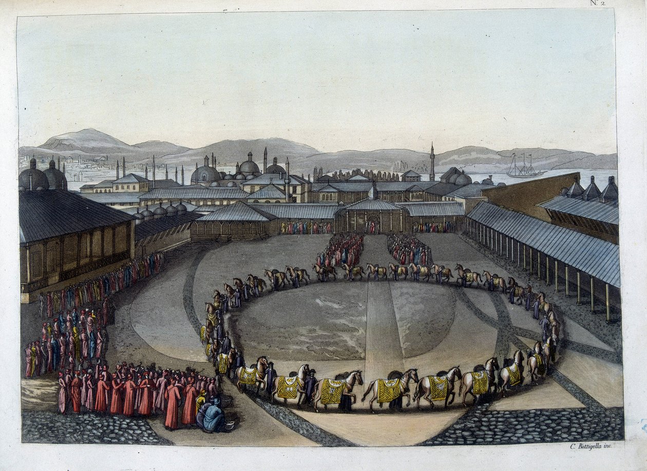 Constantinopla: Puerta de la Felicidad. Esta puerta da acceso al interior del palacio donde vive el Sultán con su familia y las damas de su harén. En "The old and modern costume" de Unknown artist