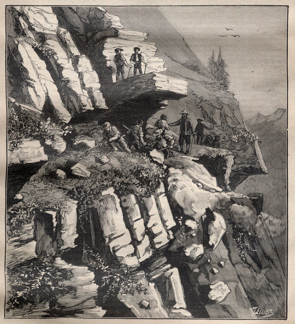 Construcción de una carretera de montaña en los Alpes - Grabado en “La Science française” de Unknown artist