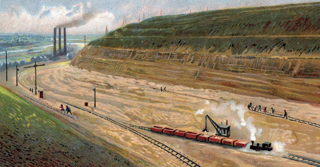 Construcción del Canal de Albert en los años 30, que conecta el puerto de Lieja con el puerto de Amberes, Bélgica (Excavación del Canal de Albert en los años 30 (treinta) entre Amberes y Lieja, Bélgica) Cromolitografía de Unknown Artist