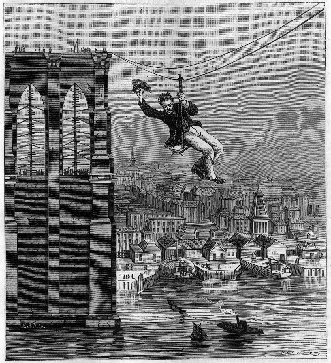Construcción del Puente de Brooklyn en Nueva York: Sr. Farrington, jefe mecánico de construcción, moviéndose de un pilote a otro usando el primer cable estirado (25 de agosto) de Unknown artist