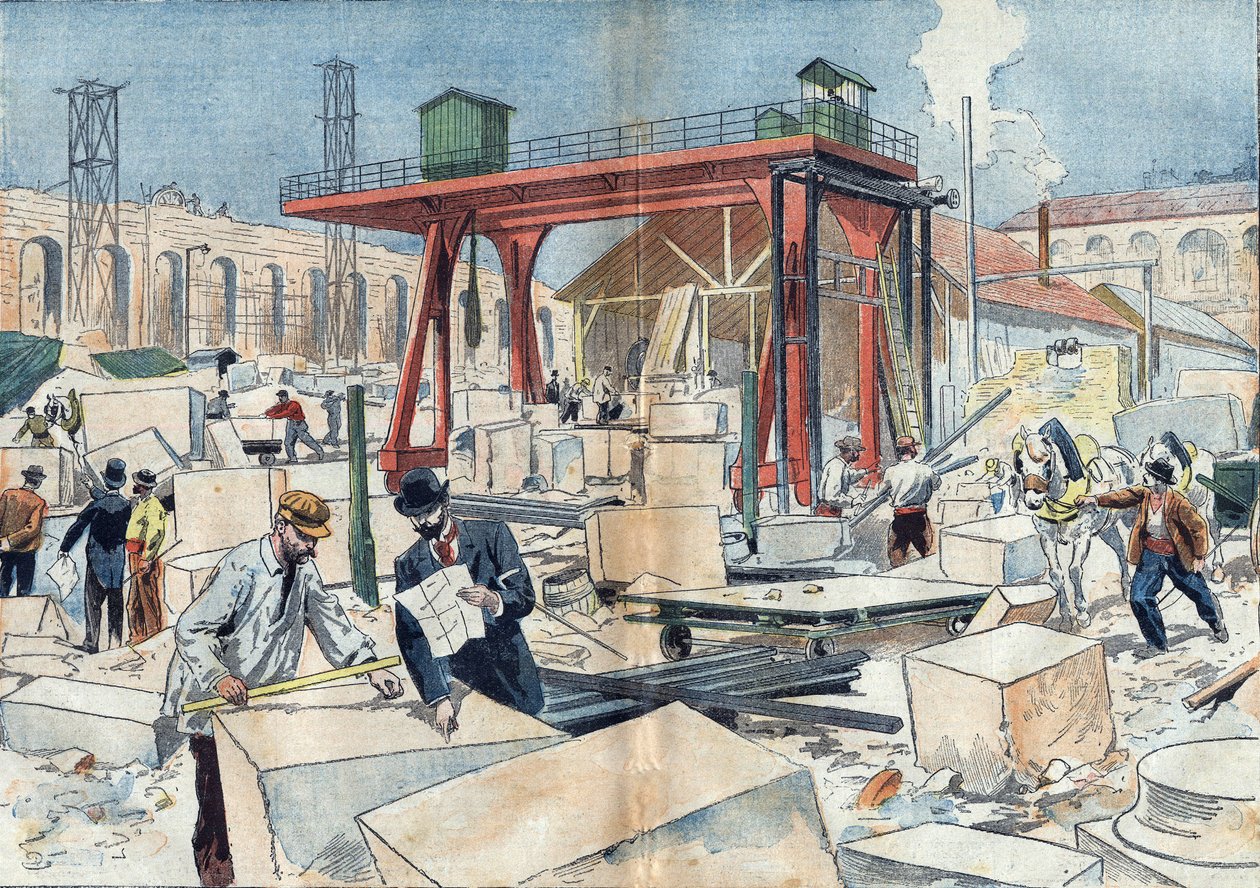 Construcción del Grand Palais, en París en 1898, con motivo de la Exposición Universal de 1900. En el centro, la rueda de diamante para cortar piedras. Ilustración en “Le Pelerin” del 3 de julio. de Unknown artist