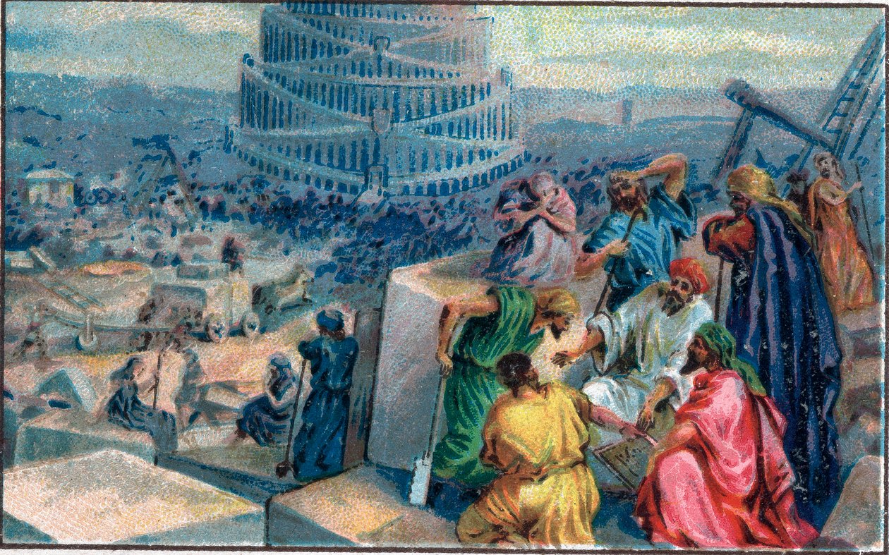 Construcción de la Torre de Babel. Cromolitografía de finales del siglo XIX. de Unknown artist