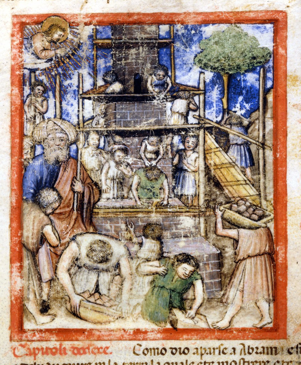 Construcción de la Torre de Babel. Miniatura del códice 212 (o códice padovano o Biblia de Padua) 1390-1400 Rovigo, Accademia dei Concordi de Unknown artist