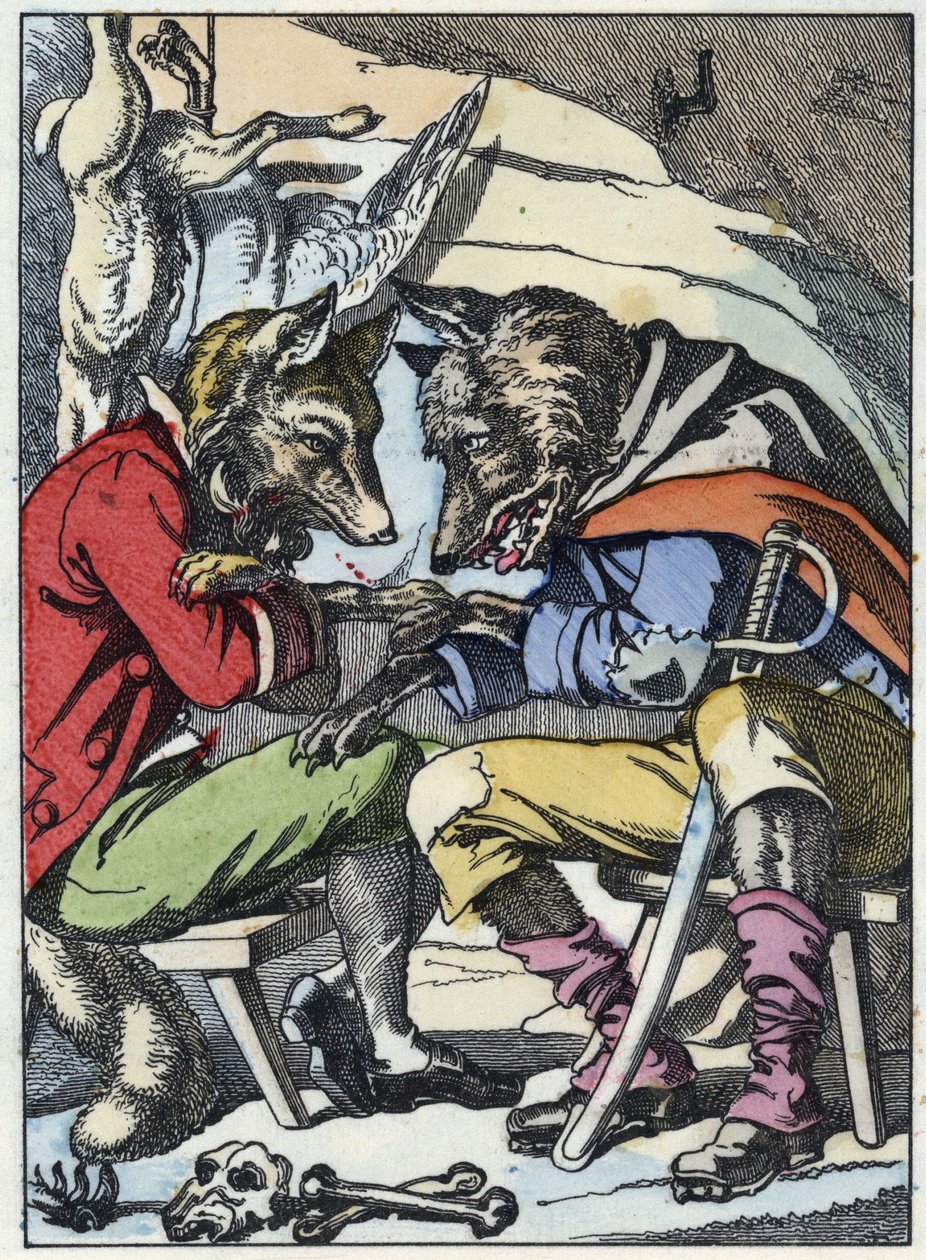 Conversación entre el lobo y el zorro. Ilustración del cuento "Compere le Loup, Maitre Renard, Comere la Chevre et ses petits biquets" después de una fábula de Jean de la Fontaine. En "Cuentos del hogar para los pequeños". Grabado anónimo del siglo XIX de Unknown artist