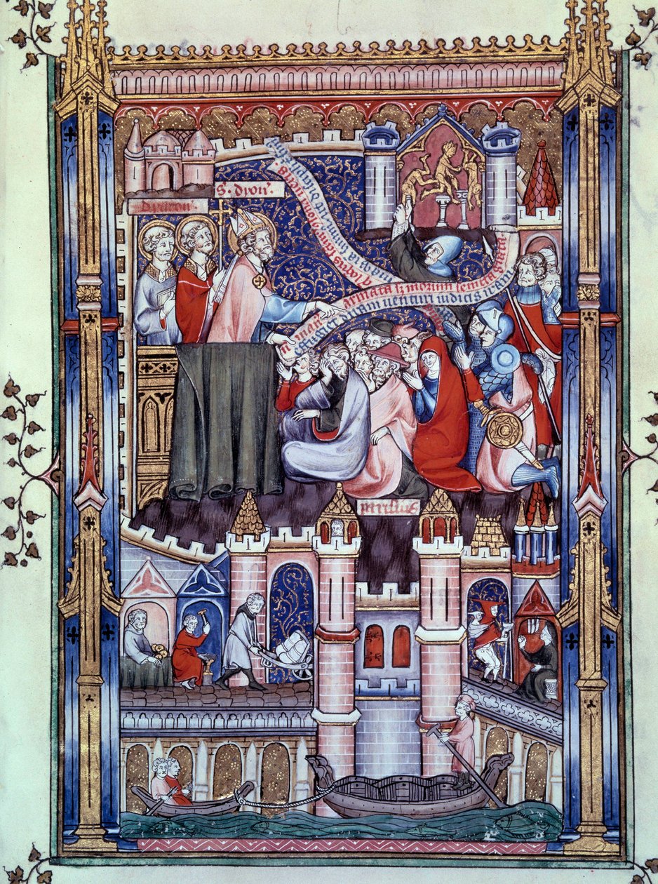 Conversión de los parisinos: en un puente de París, donde se encuentran tiendas de orfebres, los parisinos rompen ídolos de oro. Miniatura del manuscrito 