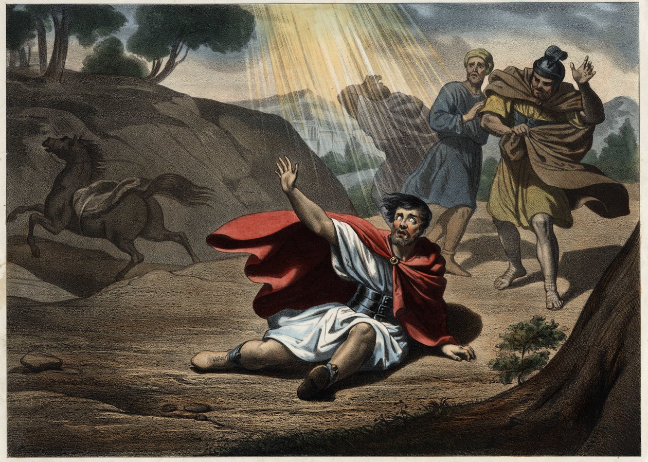 Conversión de San Pablo. Visión de Cristo en el camino a Damasco, después de la cual San Pablo se convirtió al cristianismo que había estado combatiendo hasta entonces (grabado anónimo de mediados del siglo XIX) de Unknown artist