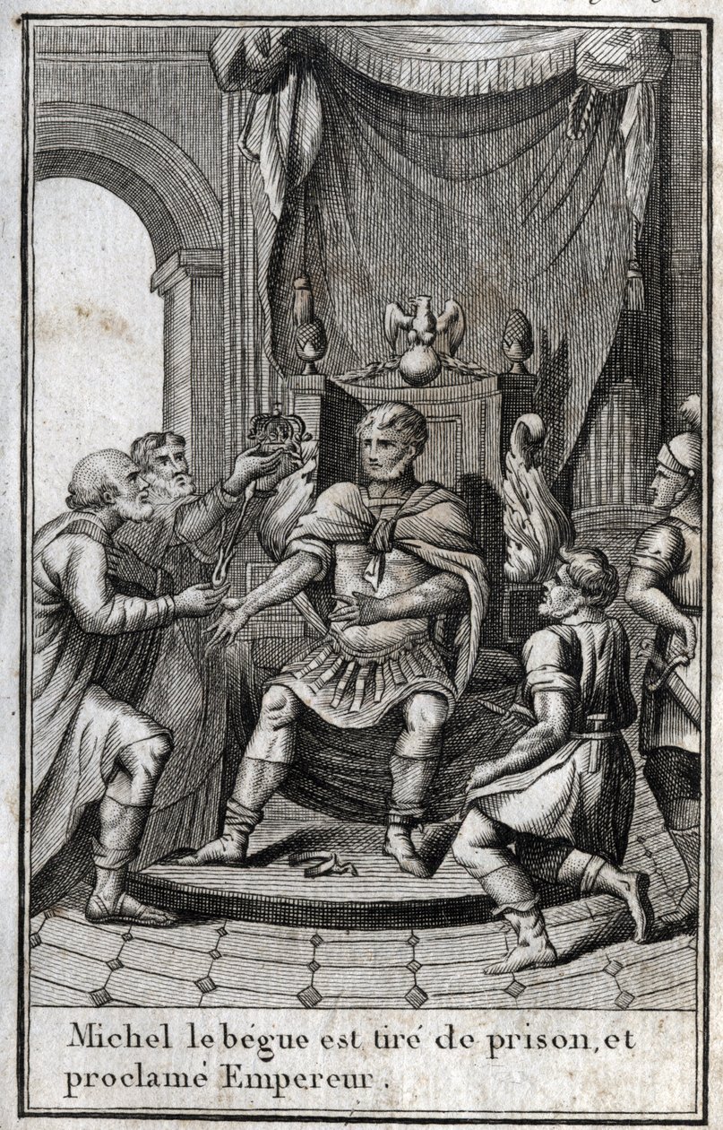 Coronación de Miguel II el Amoriano (el Tartamudo) (770-829) como emperador bizantino después de su liberación de prisión en 820. Es el fundador de la dinastía Amoriana. Grabado en “Beaute de l