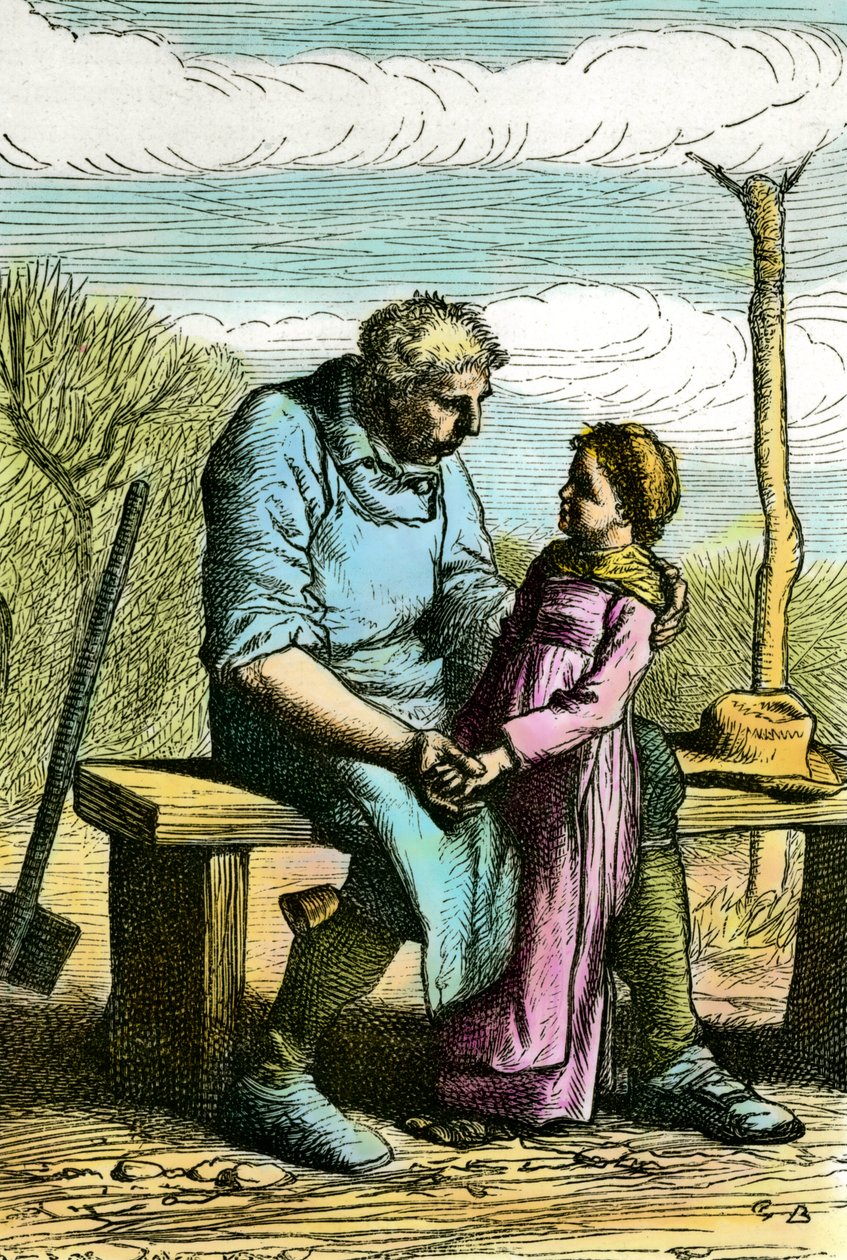 Cosette y Jean Valjean. Ilustración para la novela "Los miserables" de Victor Hugo (1802-1885) Grabado de 1865 de Unknown artist