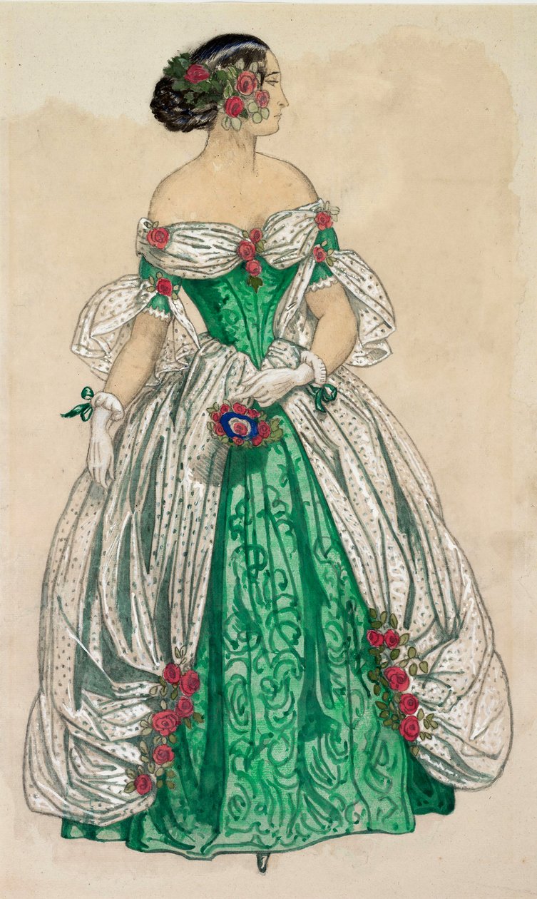 Traje (vestido largo verde con velas blancas), para el ballet "Las mariposas" de Unknown Artist