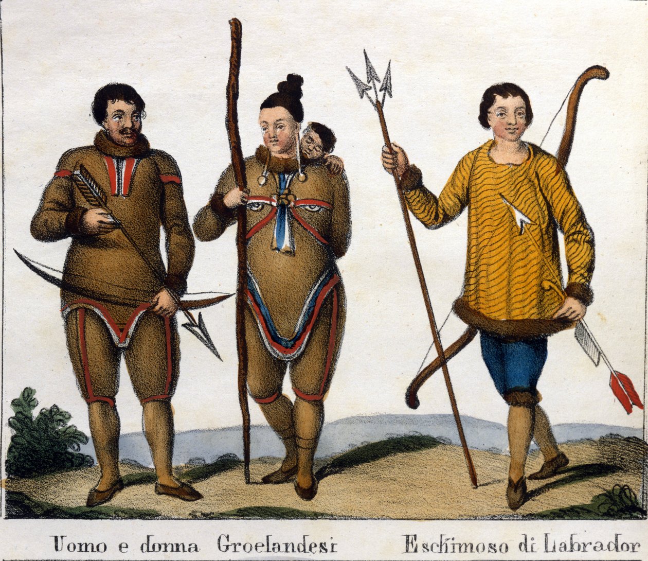 Traje. Izquierda: Pareja de esquimales de Groenlandia con su hijo. Derecha: Esquimal de Labrador. Litografía de principios del siglo XIX de Unknown artist