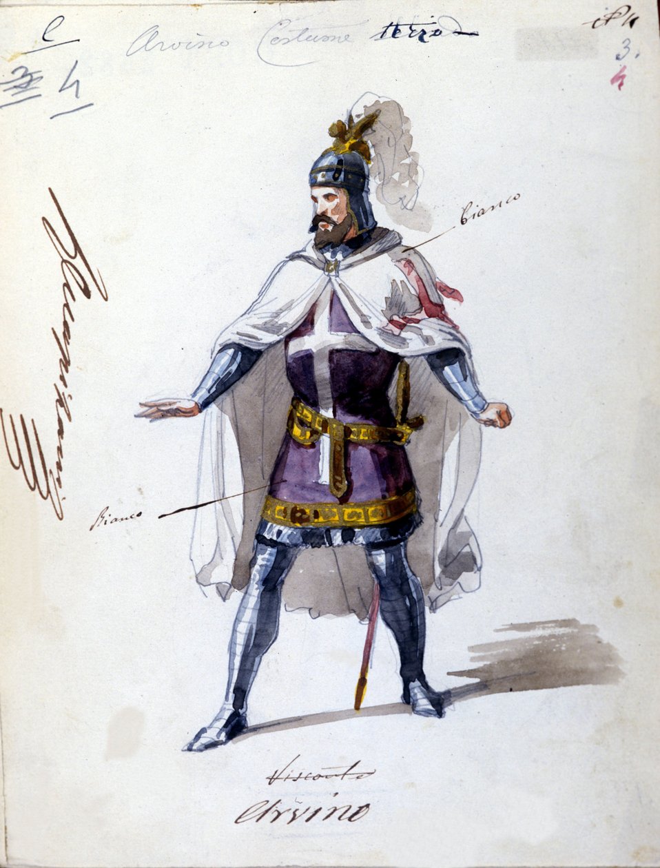 Vestuario para la ópera “I Lombardi” o “Los Lombardos en la Primera Cruzada” compuesta por Giuseppe Verdi (1813 - 1901) en 1843. Dibujo anónimo en acuarela. Personaje de Alvino para la representación en la Scala de Milán. de Unknown artist