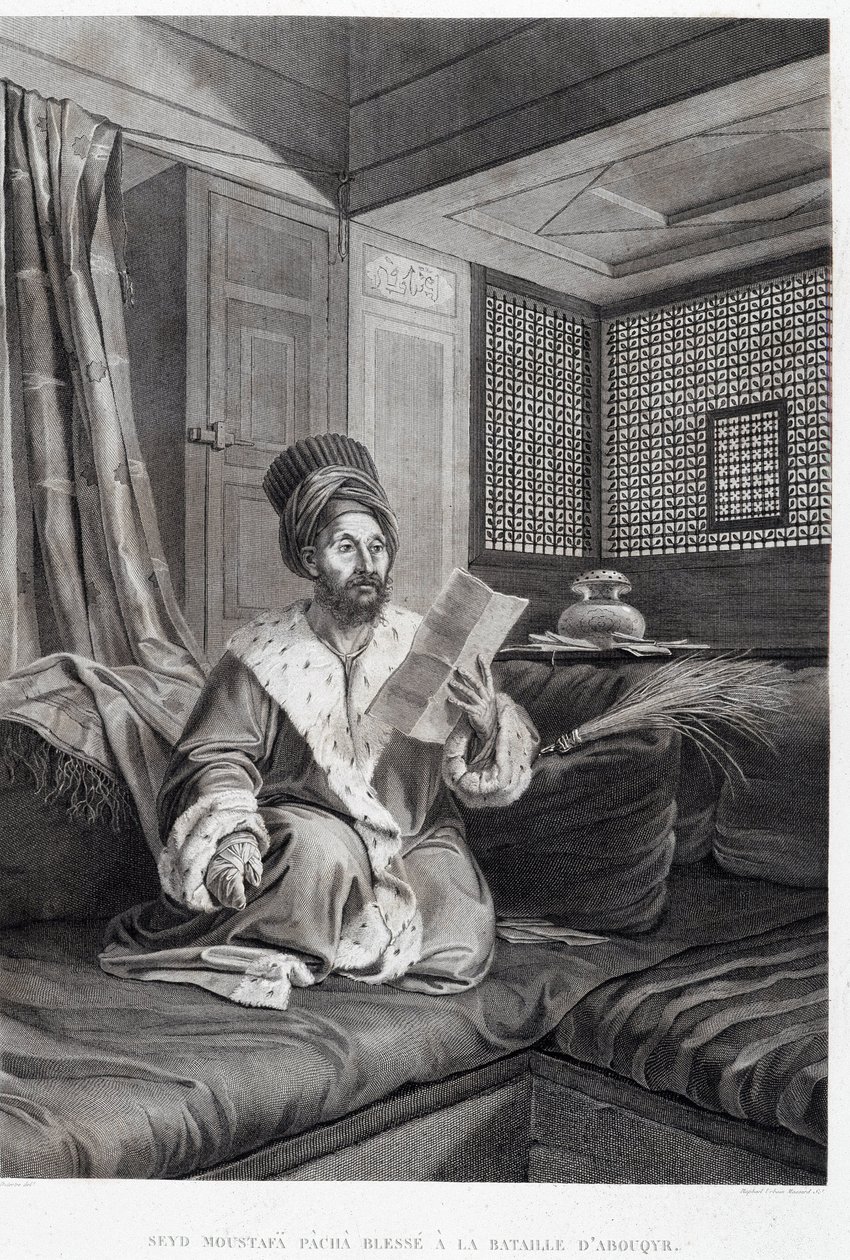 Trajes y Retratos: Seyd Moustafa Pasha herido en la Batalla de Abouqyr (Aboukir) en “Descripción de Egipto”, Ediciones Imperiales de Unknown artist