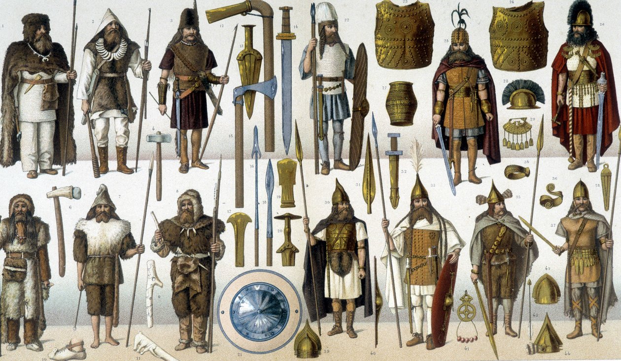 Trajes, armaduras y armas de guerreros bárbaros de Unknown artist