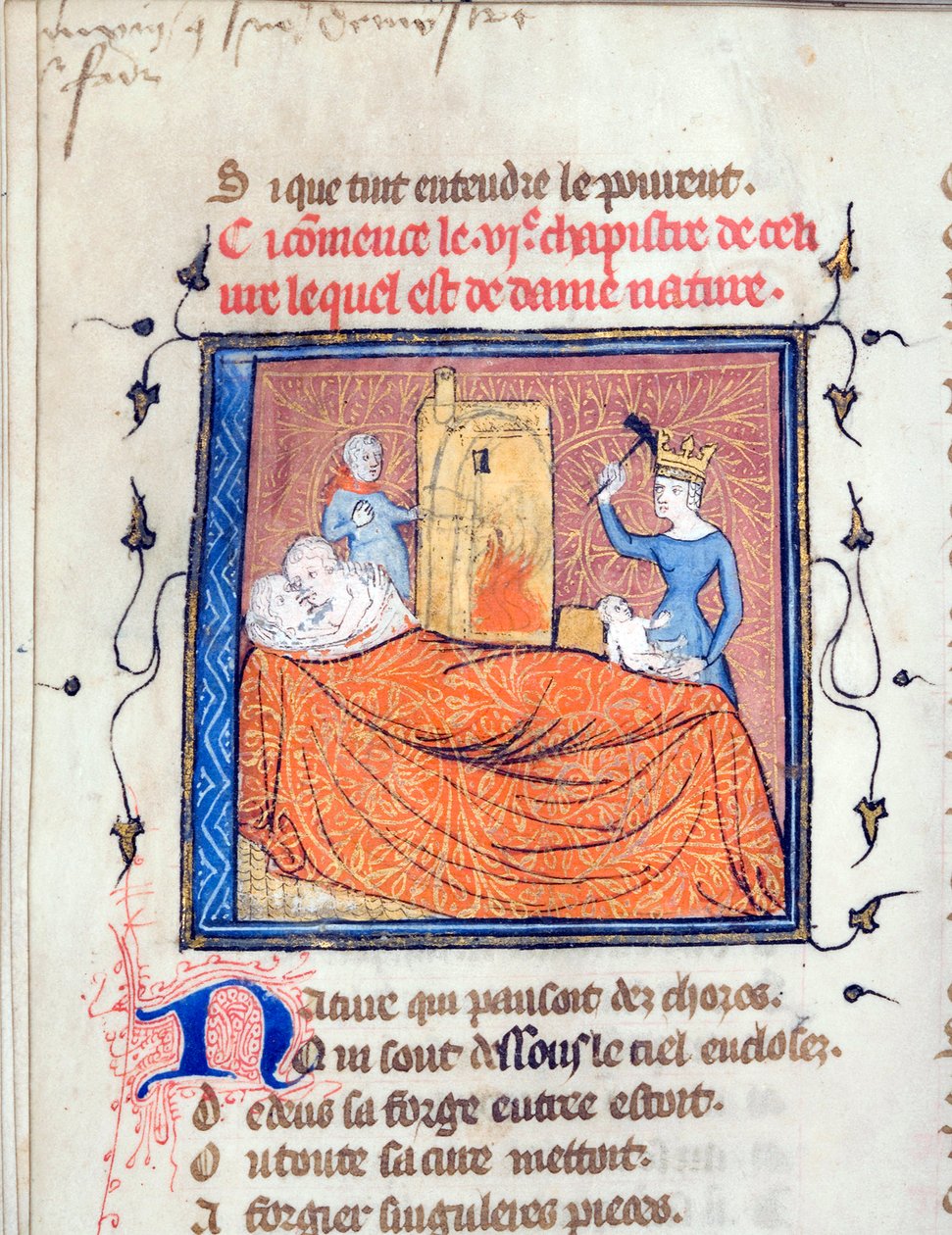 "Pareja abrazada en una cama, una reina mata a un niño y otro personaje prende fuego a una casa" Página iluminada del manuscrito "Le Roman de la Rose" de Guillaume de Lorris (c. 1200-1238) y Jean de Meun (Meung) (1240-1305) c. 1365 Universidad de París de Unknown artist