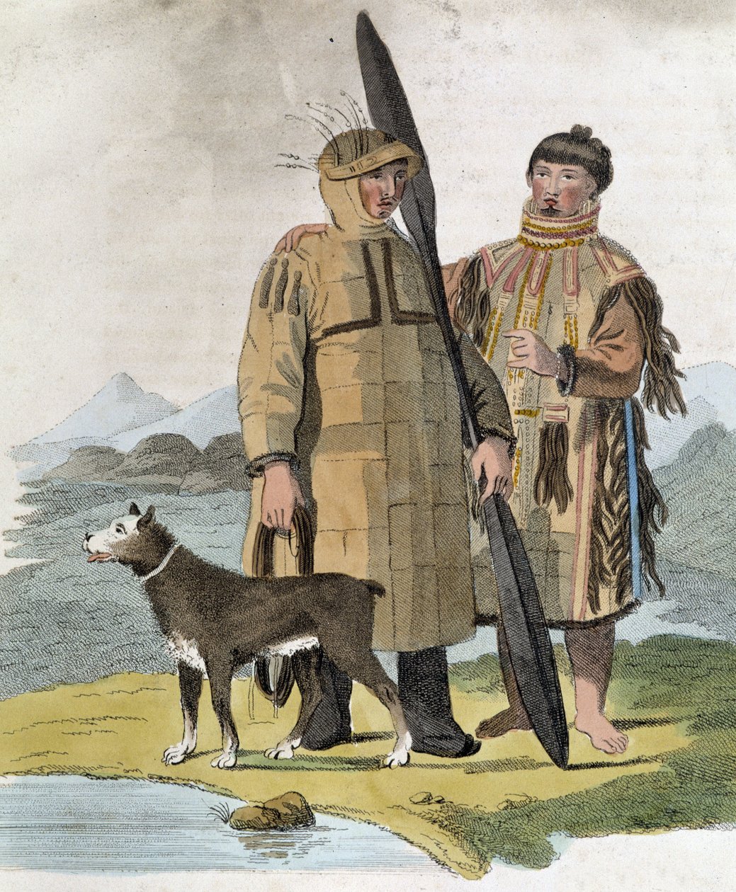 Pareja de una provincia rusa y su perro - grabado de Unknown artist