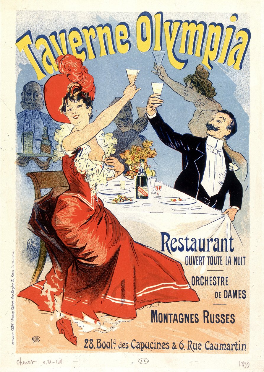 Pareja brindando con champán - Cartel publicitario para la Taberna Olympia, por Jules Cheret, finales del siglo XIX de Unknown artist