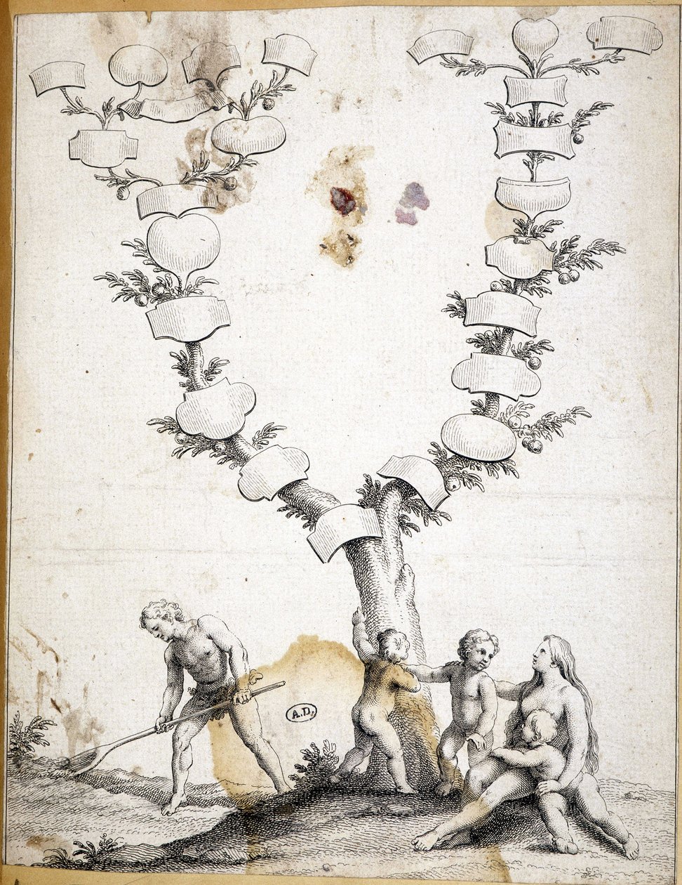 Pareja con niños al pie de un árbol genealógico virgen - grabado de Unknown artist
