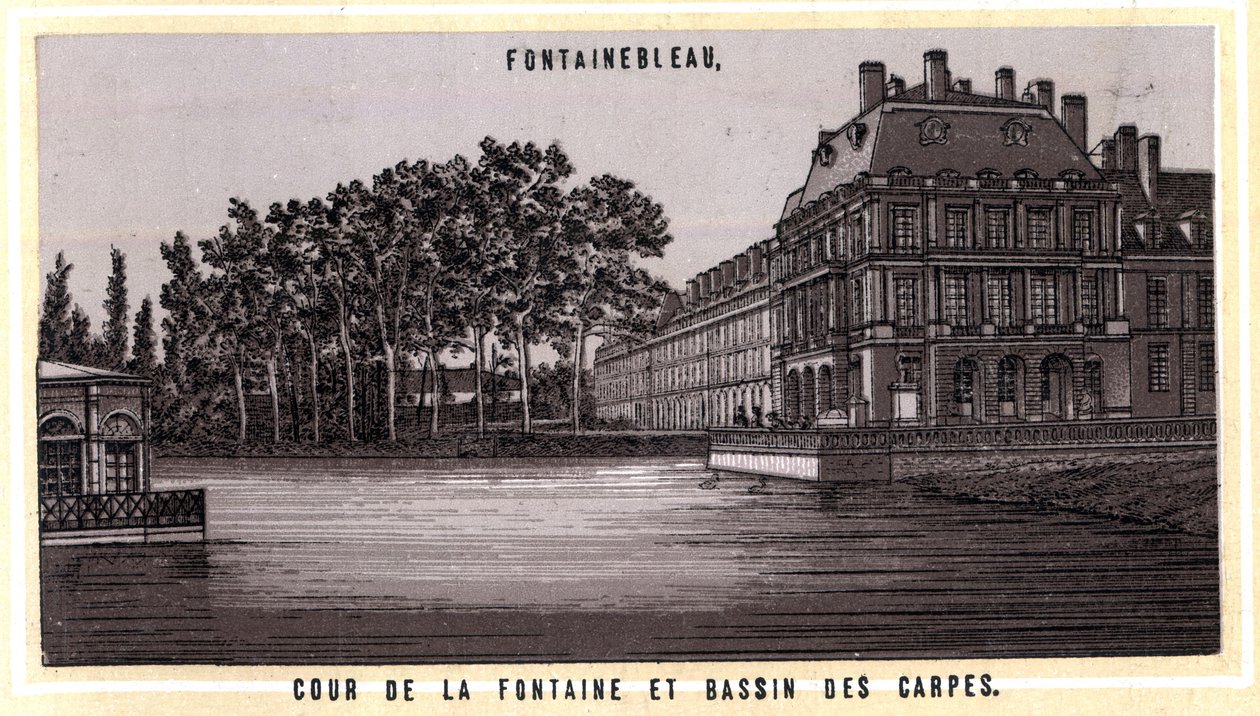 Patio de la fuente y estanque de las carpas de Fontainebleau (Seine y Marne, región de Ile-de-France, Francia). Cromolitografía de finales del siglo XIX. de Unknown artist