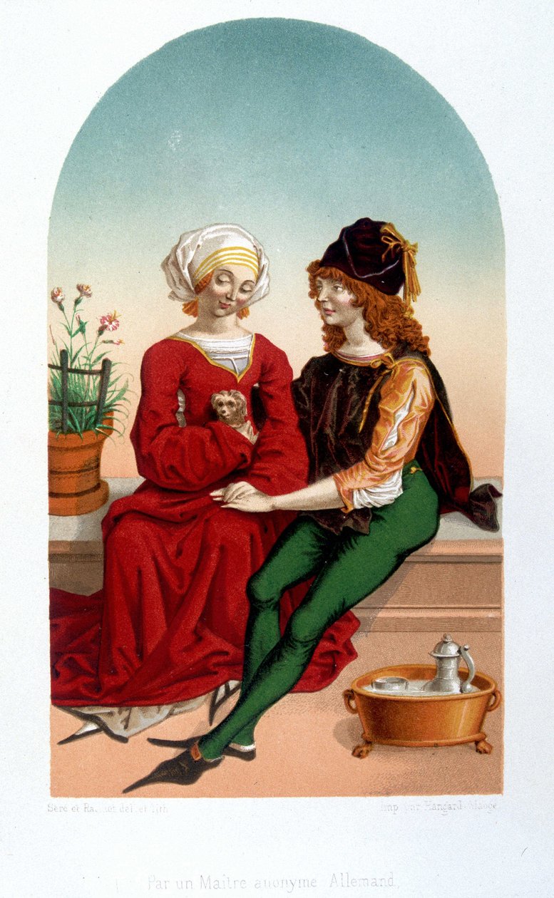 Escena de amor cortés en la Edad Media. Colegio - imitación del siglo XIX de Unknown artist