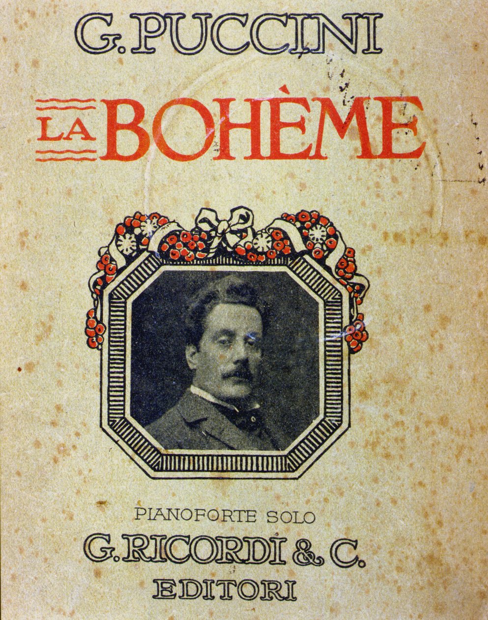 Portada de la partitura “La Bohème” de Puccini (1858-1924) con su retrato de Unknown artist