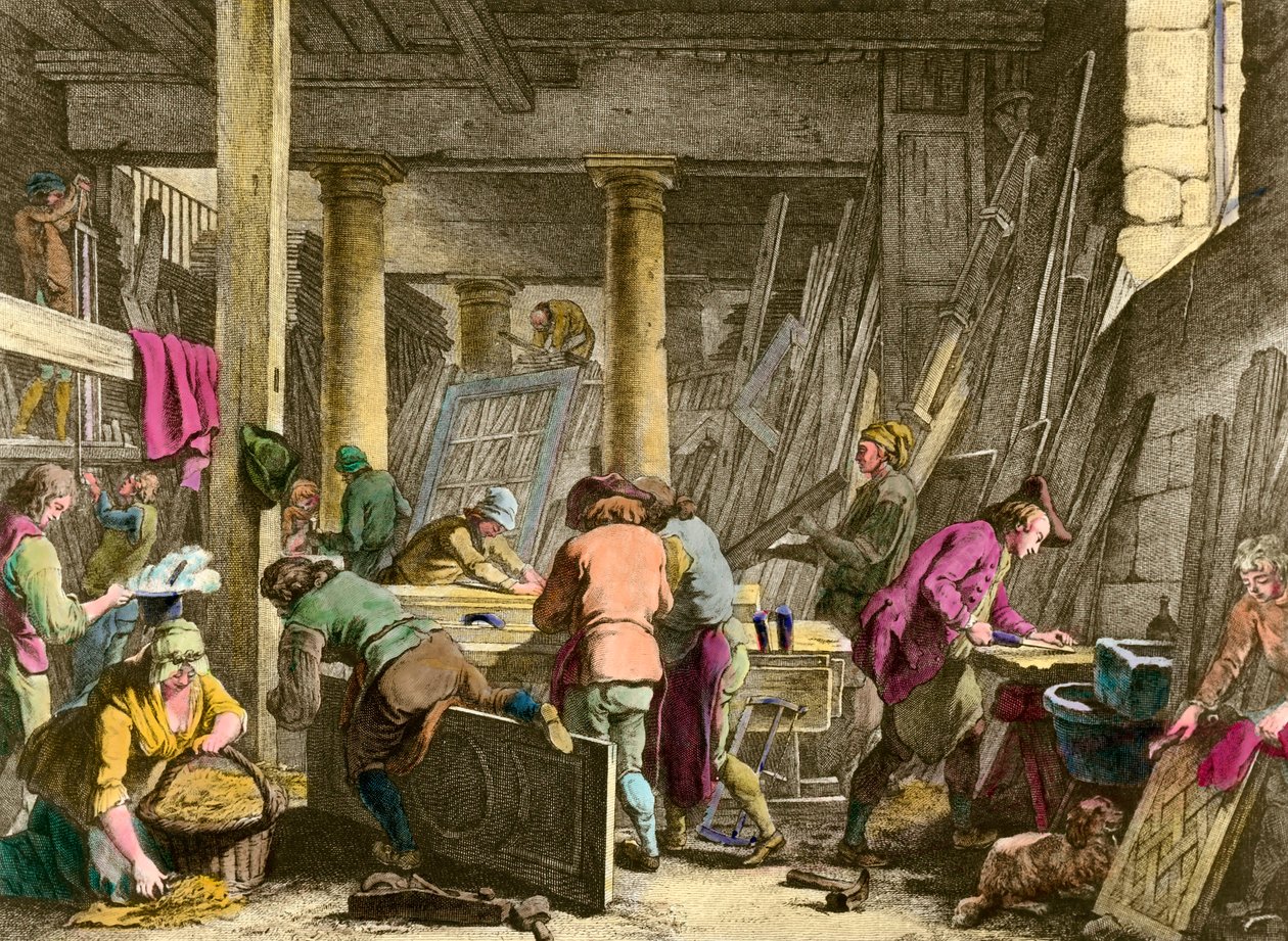Artesanía: Taller del Sieur Jadot ebanista. Trabajadores en el siglo XVIII. Grabado del siglo XIX. Colección privada de Unknown artist