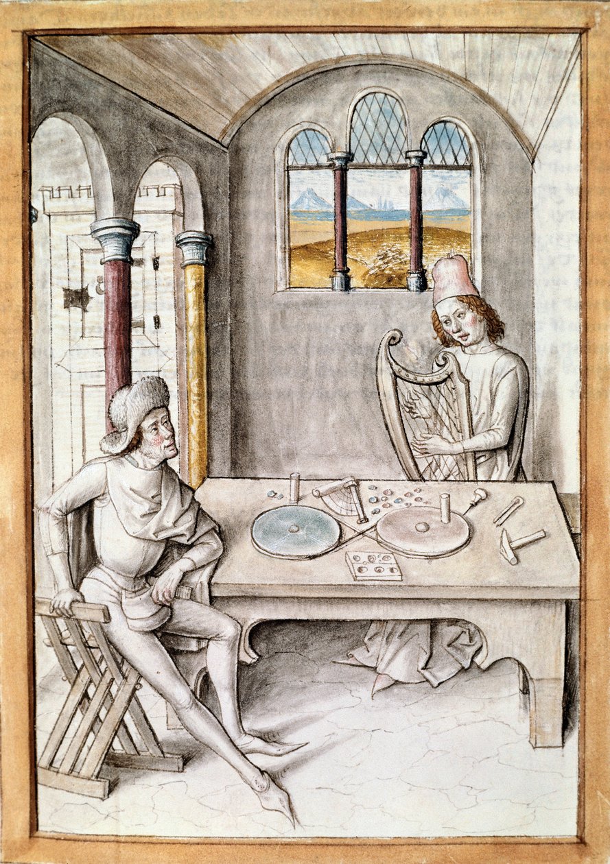 Artesanía: fabricante de arpas. Un taller de fabricación de instrumentos. Miniatura de un manuscrito de “Las fábulas de Bidpai” de Unknown artist