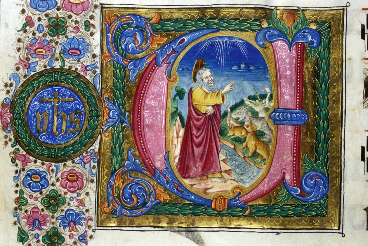 Creación: Dios ante las criaturas de la Tierra. Manuscrito del siglo XV. Bibl. Nazionale Braidense, Milán. de Unknown artist