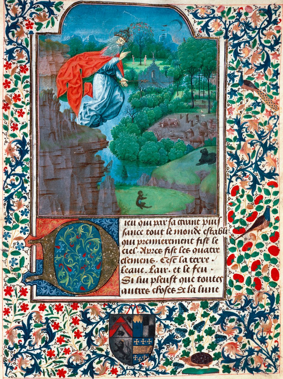 Creación, el séptimo día: el Creador sobrevuela su obra. Paisaje con animales. Miniatura del Libro de Horas de la Condesa de Bretiandos de Unknown artist