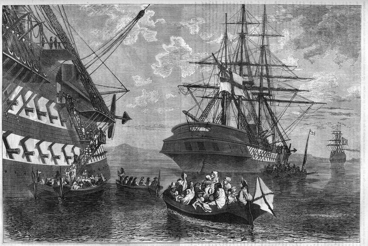 Revuelta cretense de 1866-1869 (insurrección de la isla de Creta contra el Imperio Otomano): familias cretenses buscando asilo en barcos de potencias neutrales. Grabado en "El Universo Ilustre" de Unknown artist