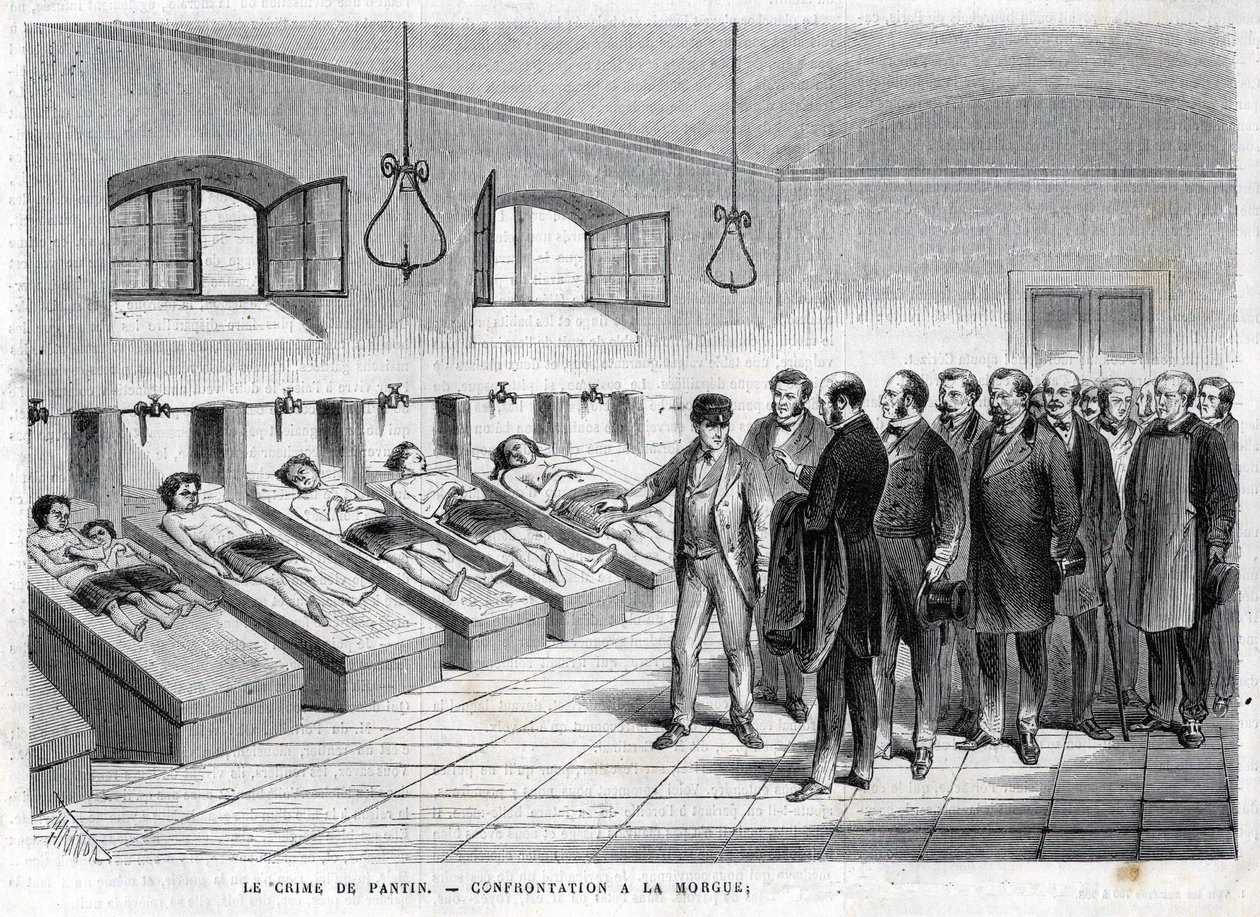 Crimen de Pantin en octubre de 1869. Confrontación en la morgue. Grabado de 1869 de Unknown artist