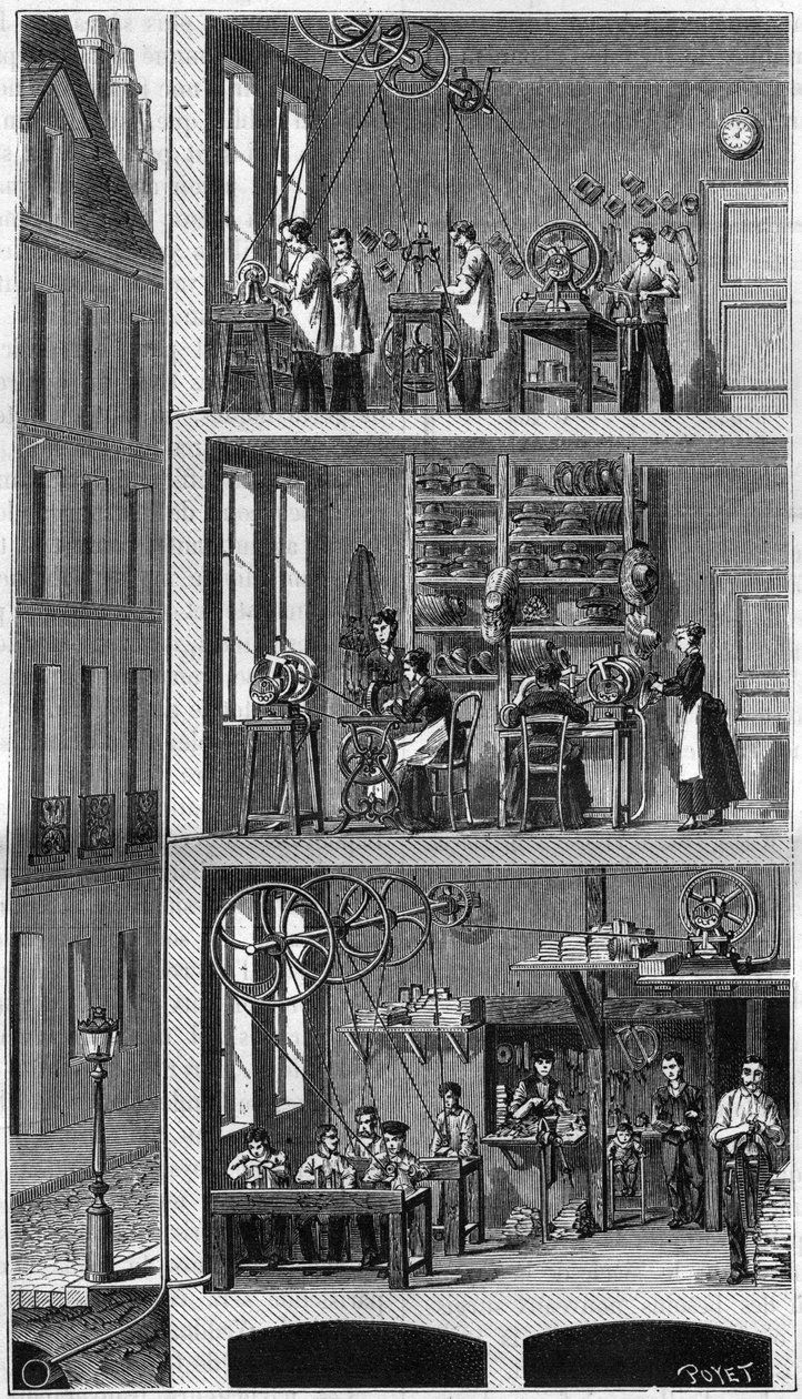 Sección transversal de una casa en la rue Beaubourg en París, mostrando el uso de la distribución de fuerzas. de Unknown artist