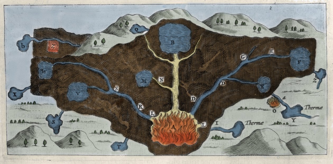 Sección transversal de la corteza terrestre permitiendo a Athanasius Kircher demostrar el origen de los manantiales termales - Siglo XVII de Unknown artist