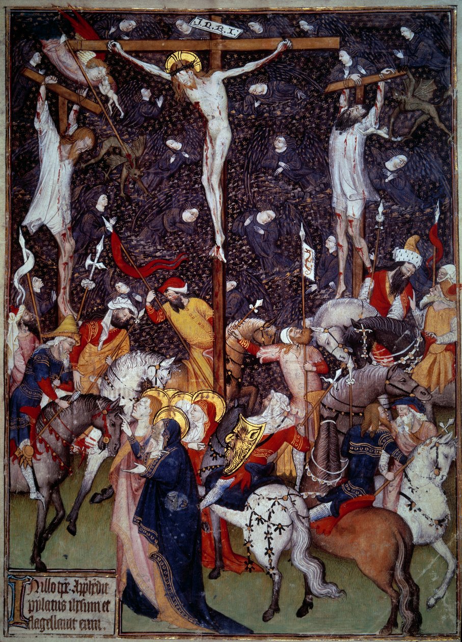 Crucifixión. Ángeles negros vuelan alrededor de los cuerpos de los condenados. Romanos a caballo giran alrededor de la cruz para contemplar la escena. Miniatura de un manuscrito del siglo XV. París, B.N. de Unknown artist