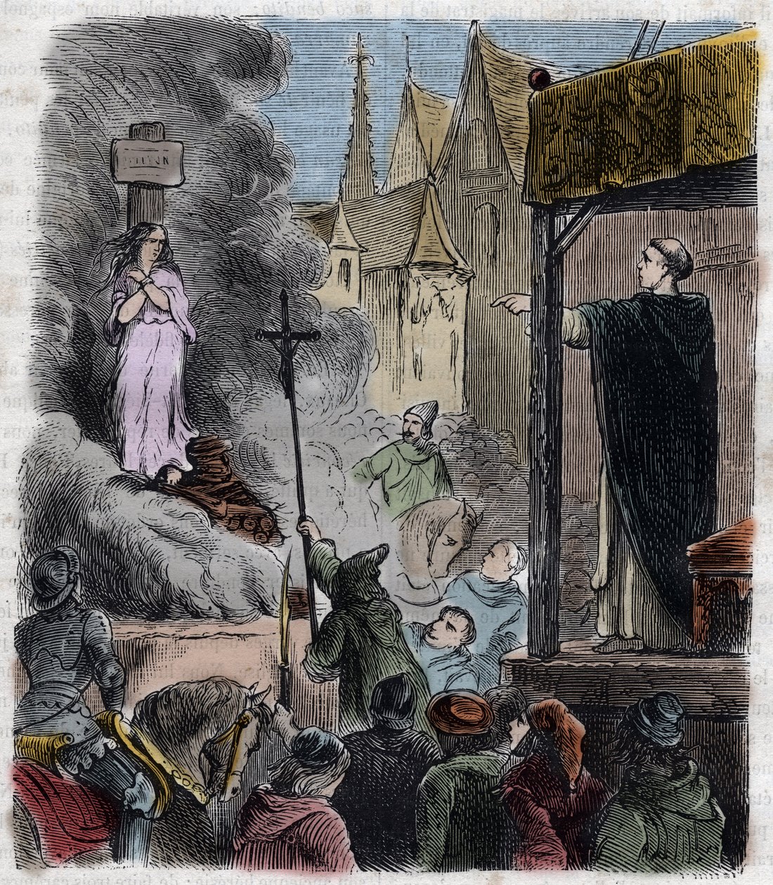 Cruzada contra los Albigenses - Herejes quemados vivos: Cátaros en la hoguera, en el tiempo de la cruzada contra los Albigenses en Francia siglo XIII - Grabado de 1879 en 