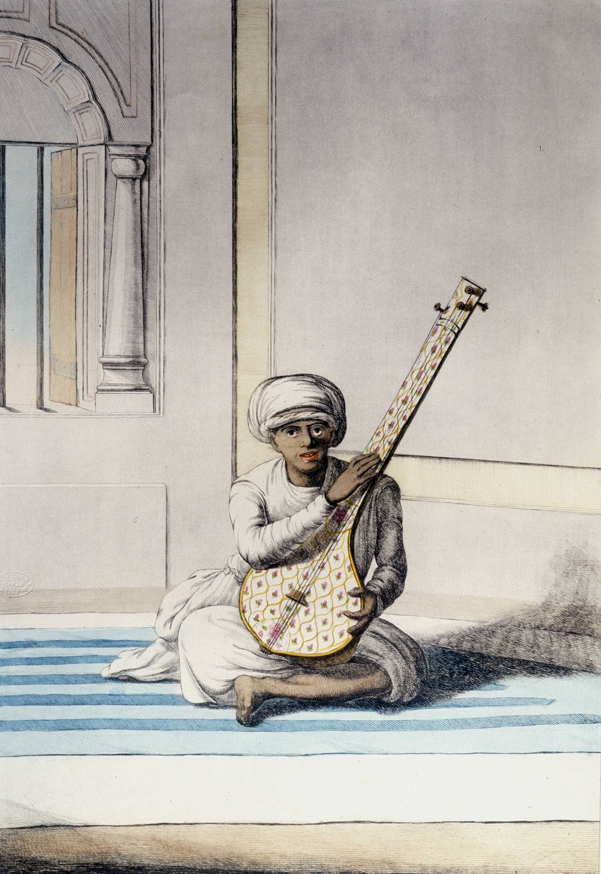 Cultura, civilización y sociedad india: Músico tocando Thambourah (Tamboura), instrumento tradicional de la India. Grabado de 1808 de Unknown artist