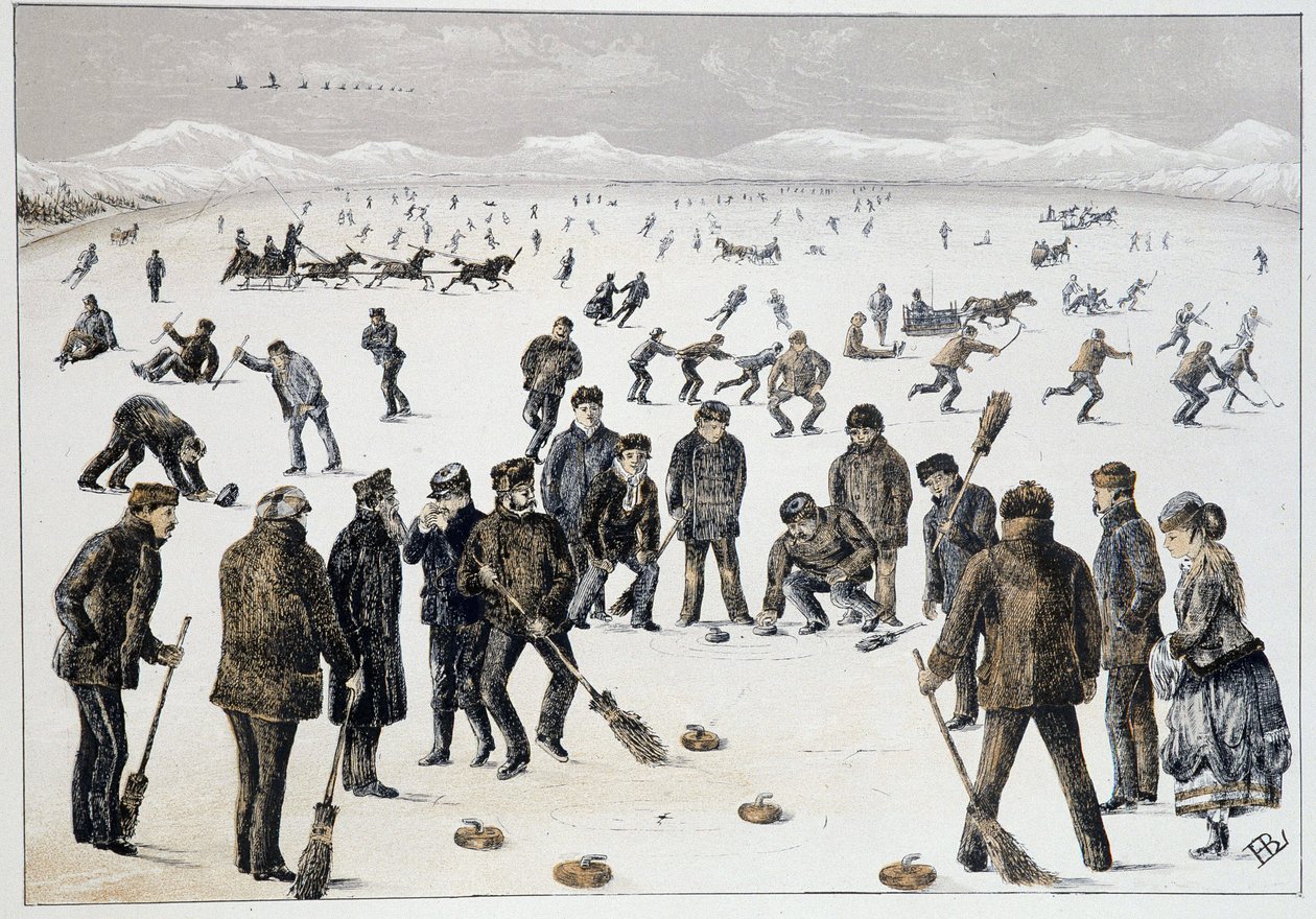 Curling en un lago congelado cerca de Halifax, Nueva Escocia - en “Bocetos de deportes y pasatiempos canadienses” de Teniente Henry Buckton Laurence de Unknown artist