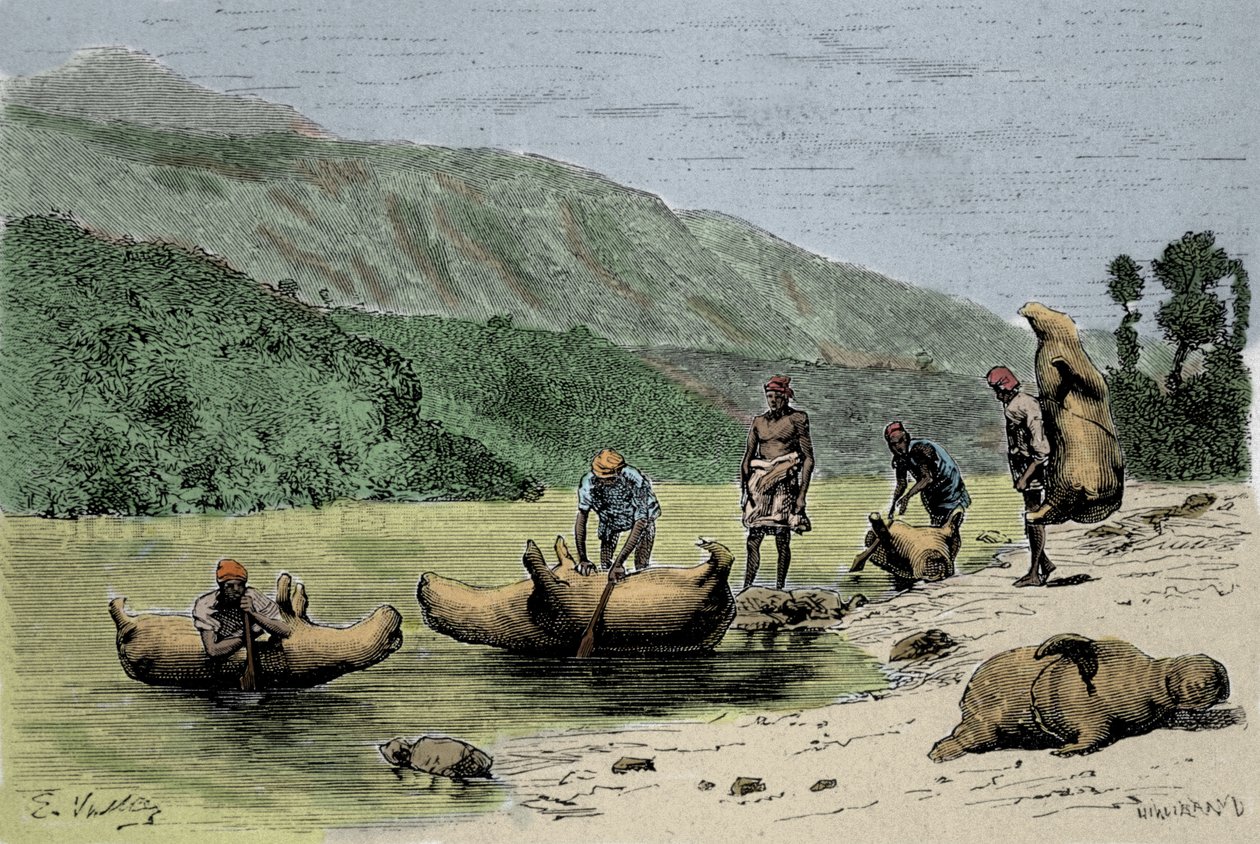 Costumbres y métodos de transporte: pieles de animales infladas usadas para cruzar ríos. Grabado del siglo XIX de Unknown artist