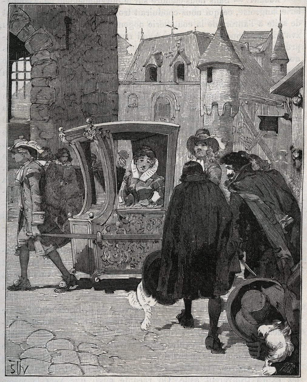 Cuchillería: barqueros rodean la silla de Marie de Rabutin-Chantal, Marquesa de Sévigné, para venderle cuchillos cuando llegó a Nogent (Haute Marne) en 1675. Grabado de 1885 en "Les arts et metiers illustres" por Adolphe BITARD de Unknown artist