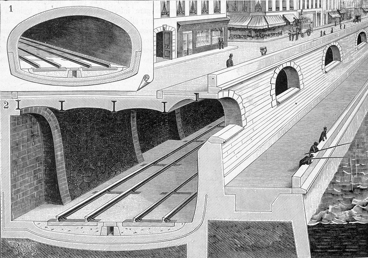 Corte de la vía en las partes del túnel (llevando trenes a la estación de Orléans) con piso de hierro directamente soportando la calzada - en “La Nature” de Unknown artist