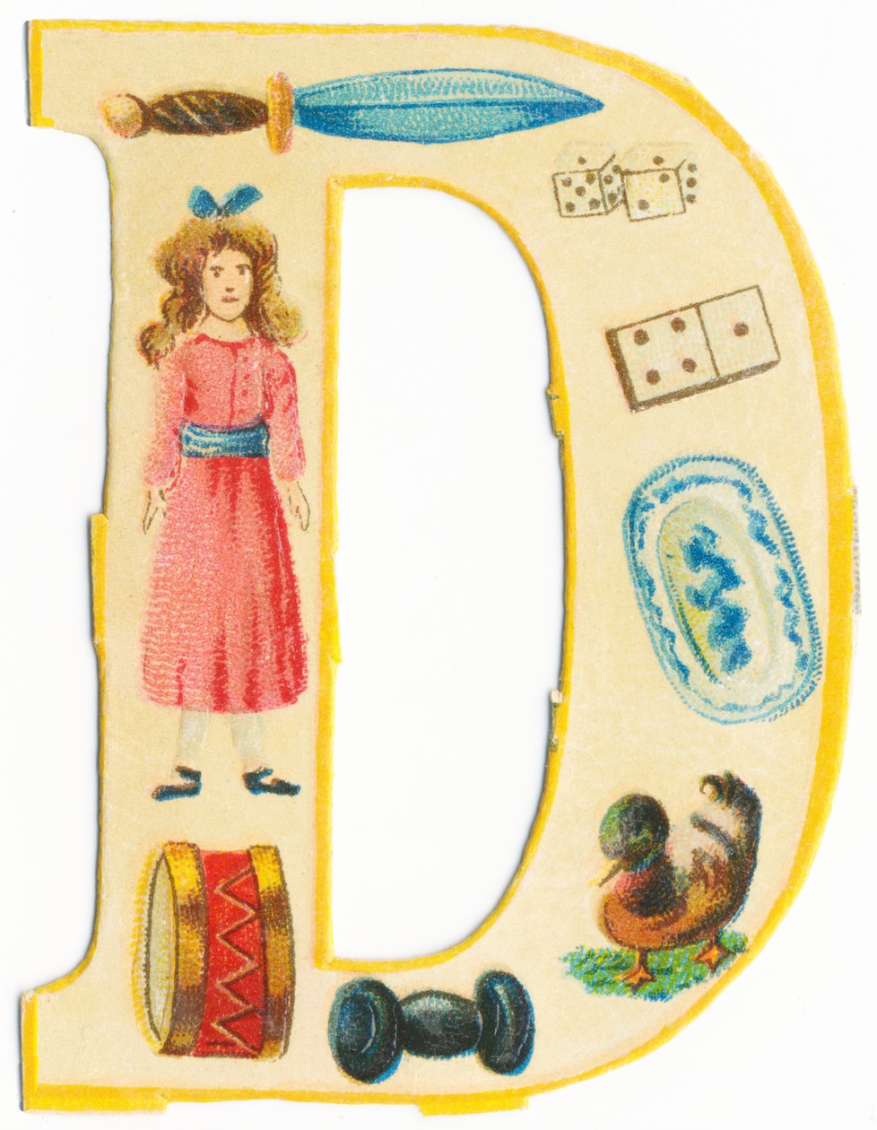 D: daga, muñeca, dados, dominó, tambor, plato, mancuerna, pato de Unknown artist