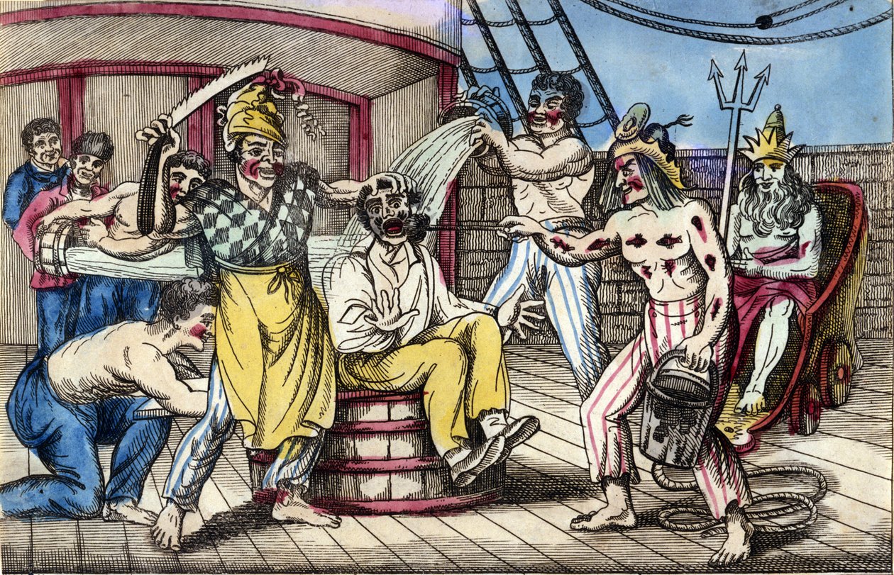 Vida cotidiana a bordo de buques de guerra: escena de novatadas durante el paso del Ecuador. Impresión popular de principios del siglo XIX de Unknown artist