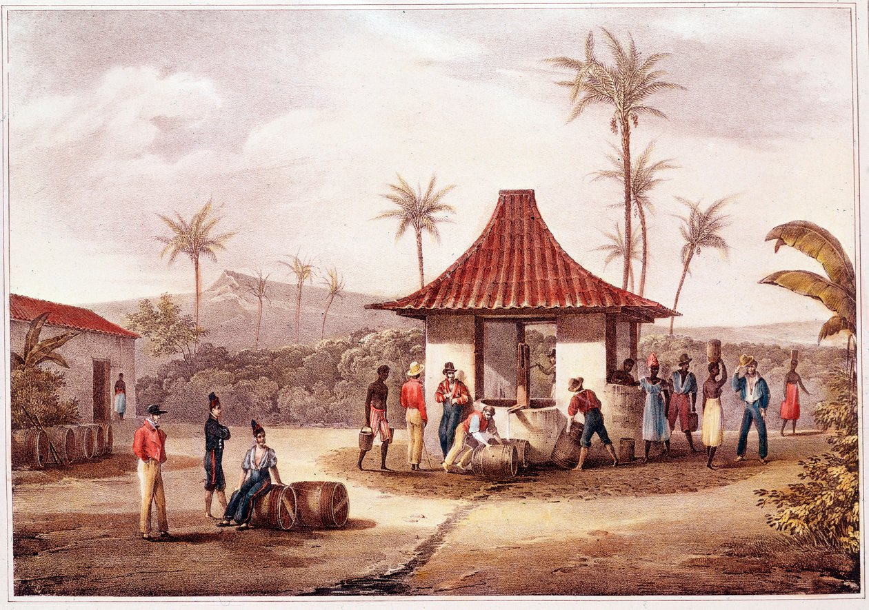 Vida cotidiana en Cabo Verde (Cabo Verde) Residentes de un pueblo cruzando en la fuente. Litografía del siglo XIX. Archivo Histórico de Ultramar de Lisboa de Unknown artist