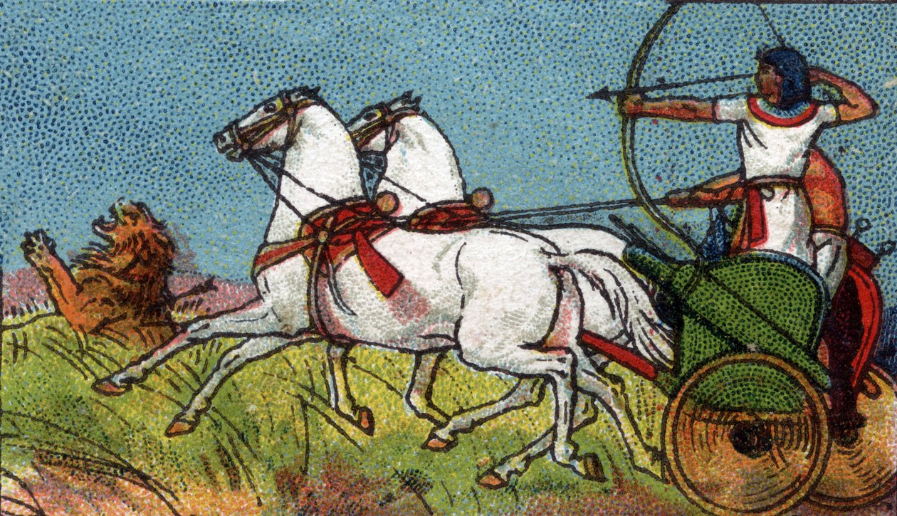 La vida cotidiana en el antiguo Egipto: un faraón persiguiendo al león, mendigo del siglo XX (cromo) de Unknown Artist