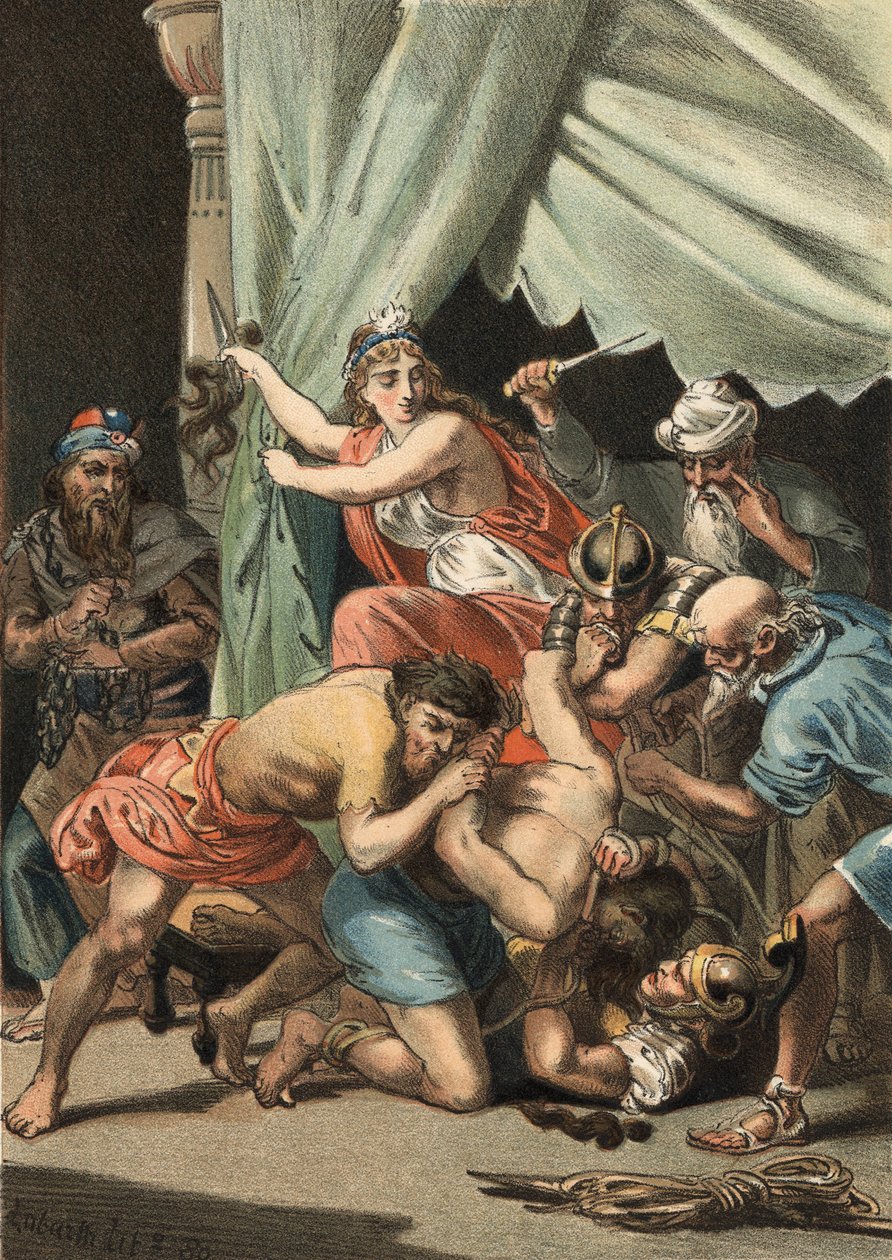 Dalila corta el cabello de Sansón para hacerlo vulnerable y entregarlo a los filisteos. de Unknown artist