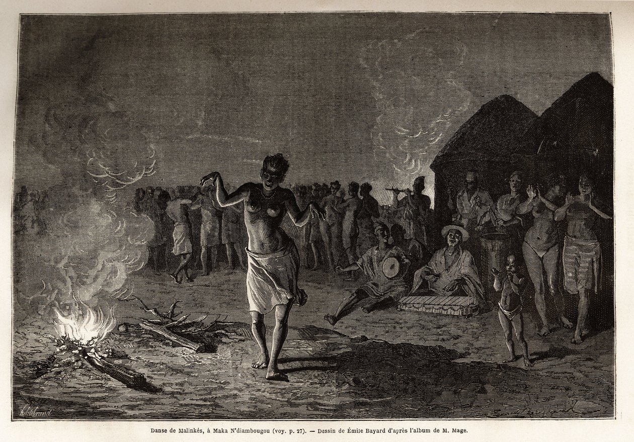 Danza de los Malinkes, población y lengua de África Occidental (Guinea, Senegal, Mali y Costa de Marfil), los bailarines se reúnen al caer la noche y bailan alrededor del fuego al ritmo de la música tradicional. Grabado para ilustrar la historia del Tenien de Unknown artist